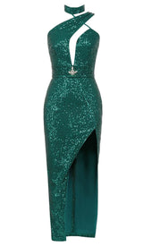 CUT OUT SEQUINS MAXI DRESS IN FOREST GREEN