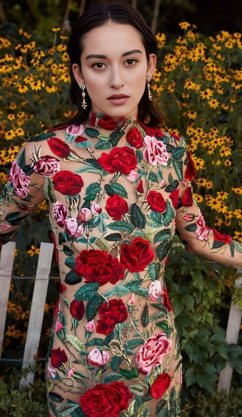 FLORAL EMBROIDERY HIGH MINI DRESS