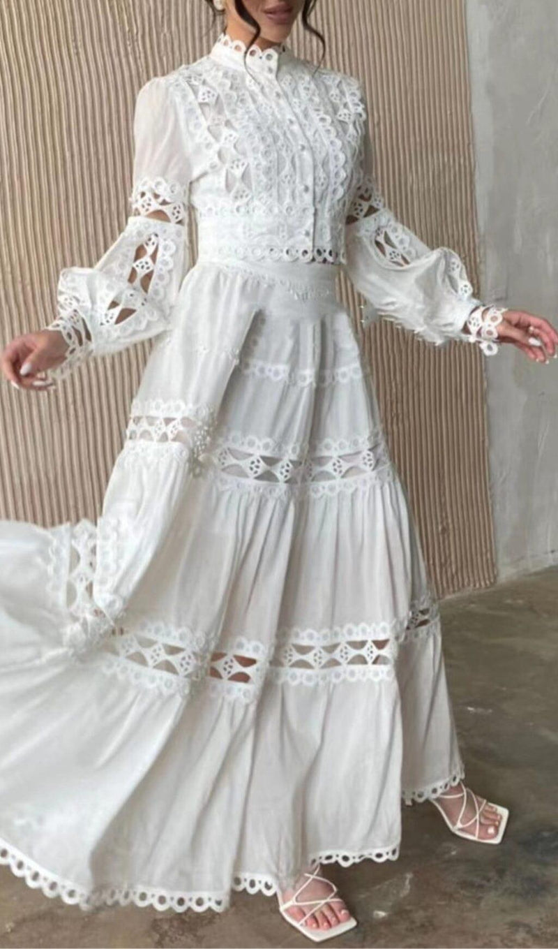 LONG PUFF SLEEVES FLARED TIERED MIDI DRESS IN WHITE