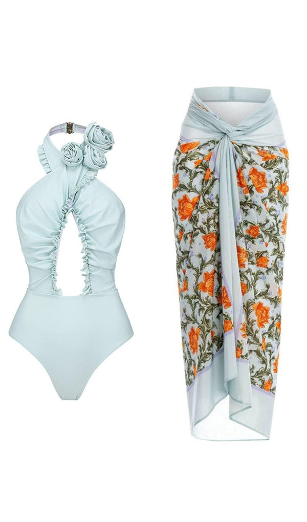 BLUE HALTER 3D FLOWER ONE PIECE SWIMSUIT AND SARONG