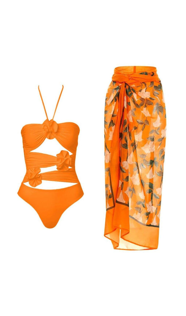 HALTER CUTOUT 3D FLOWER DECOR ONE PIECE SWIMSUIT AND SARONG