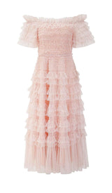 RUFFLE OFF SHOULDER TIERED MIDI DRESS IN PINK