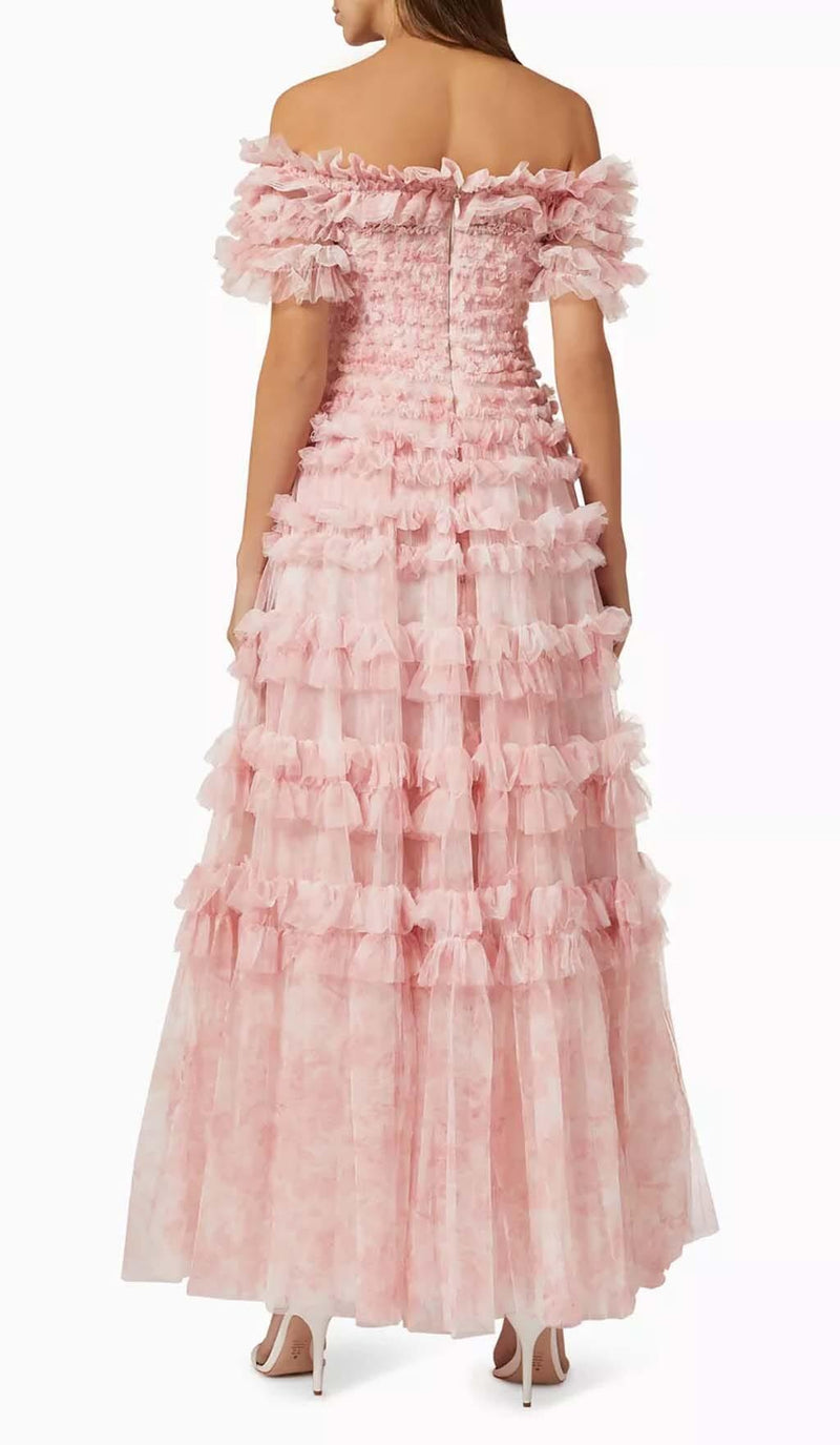 RUFFLE OFF SHOULDER TIERED MIDI DRESS IN PINK