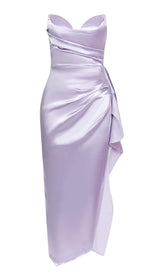 BANDEAU RUCHED SATIN MIDI DRESS IN LILAC