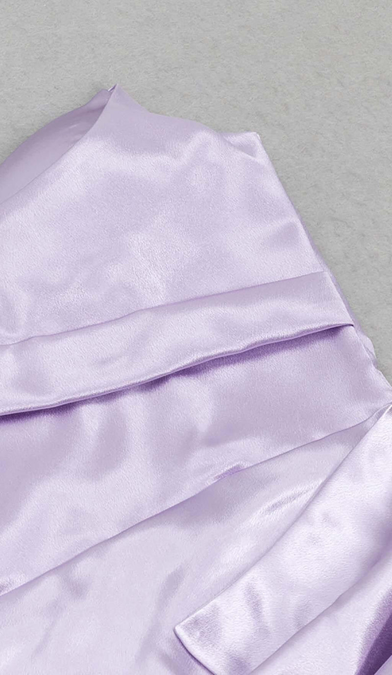 BANDEAU RUCHED SATIN MIDI DRESS IN LILAC