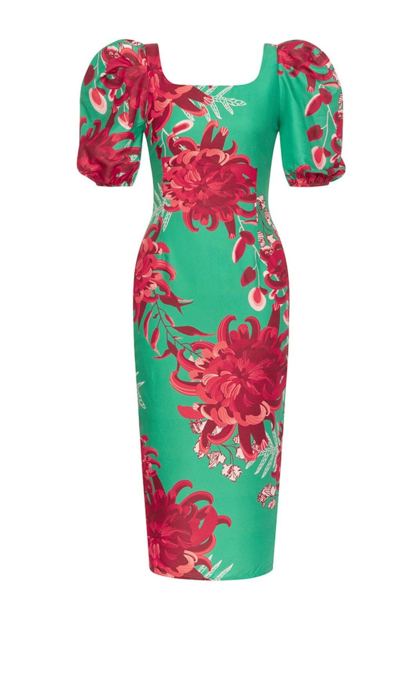 FLORAL PRINT PUFF SLEEVED OPEN BACK MIDI DRESS IN GREEN