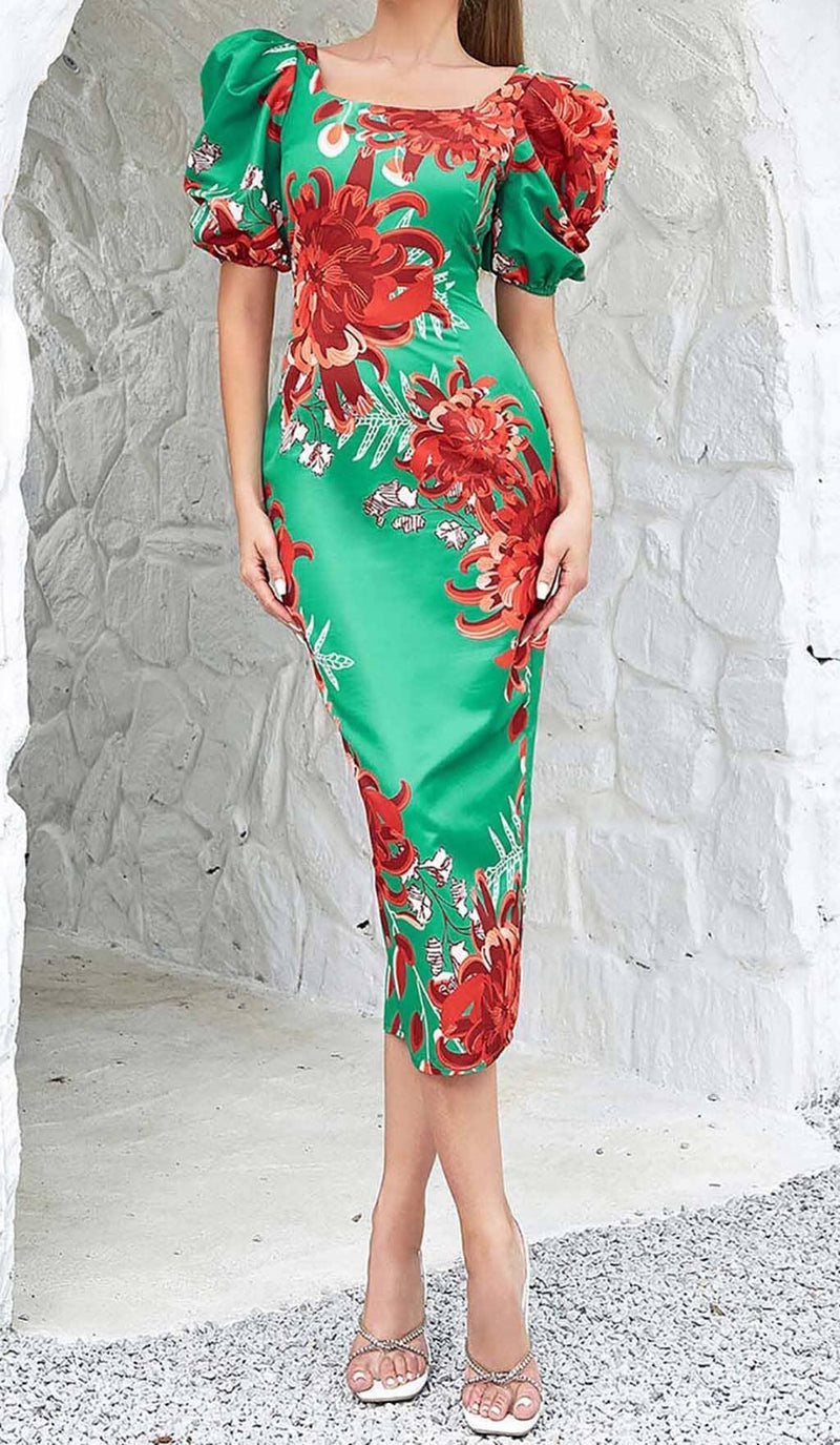 FLORAL PRINT PUFF SLEEVED OPEN BACK MIDI DRESS IN GREEN