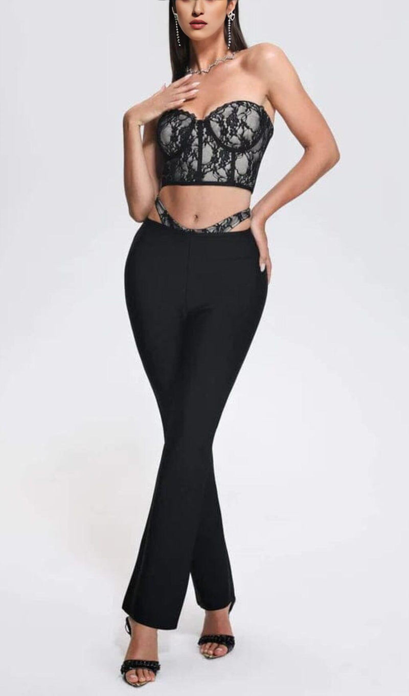 LACE CUTOUT FLARE TWO PIECE SET IN BLACK