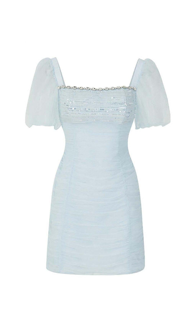 PUFF SLEEVE PERSPECTIVE MINI DRESS IN SKY BLUE