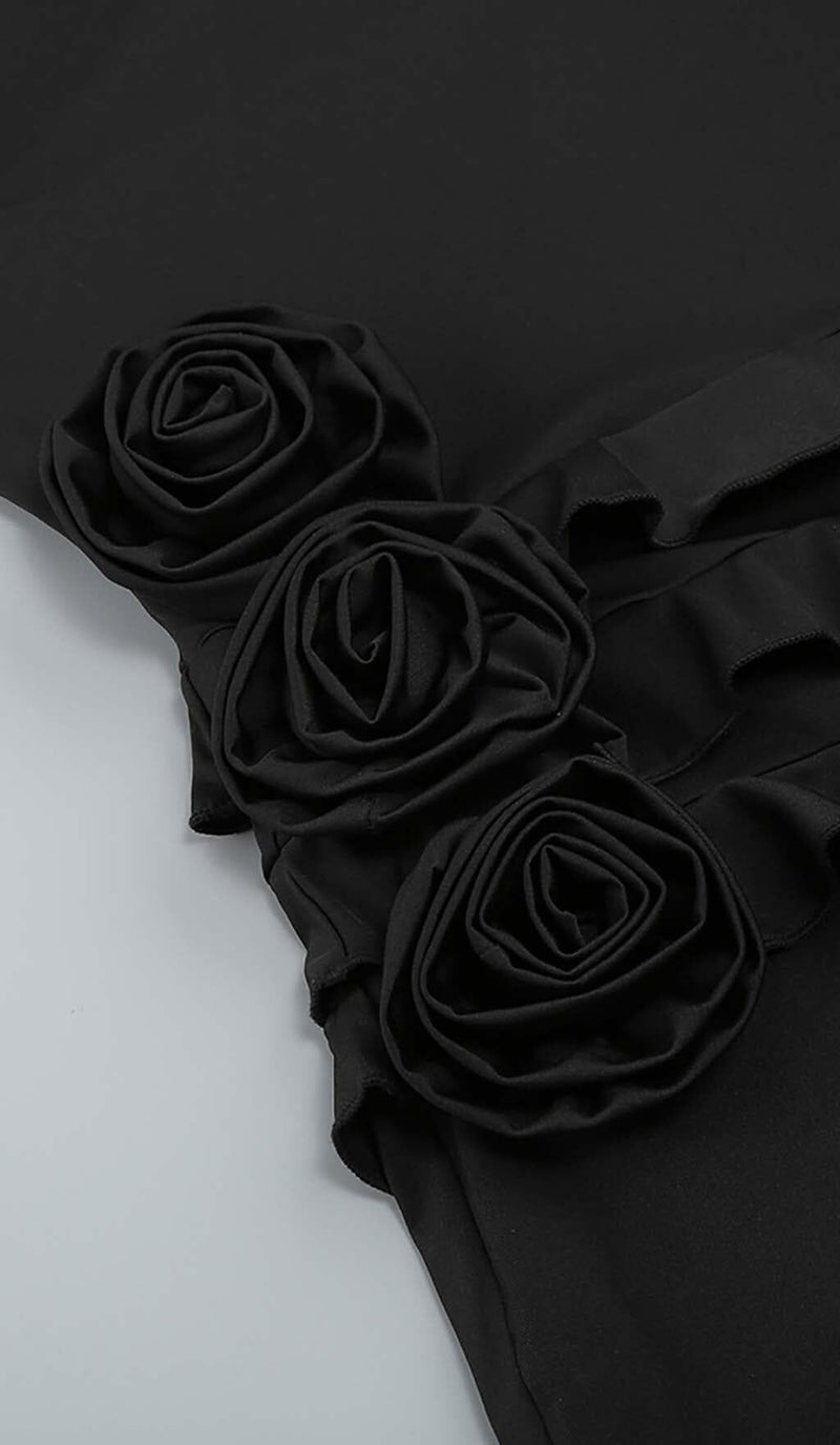 ROSE-DETAIL RUFFLED MINI DRESS IN BLACK