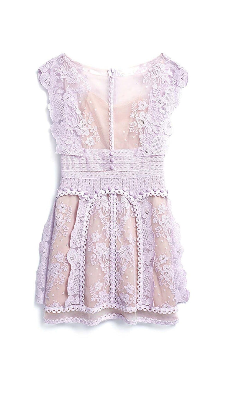 SLEEVELESS LACE A-LINE MINI DRESS IN LILAC