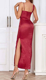 STRAP SATIN MAXI DRESS IN RUBY RED