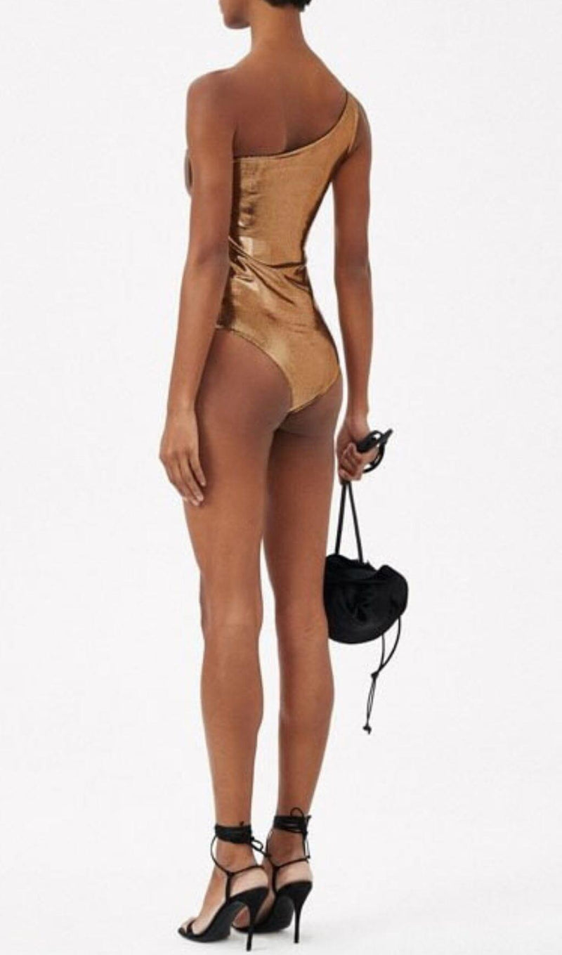 DIAGONAL CUTOUT FLOWER SWIMSUIT IN GOLD