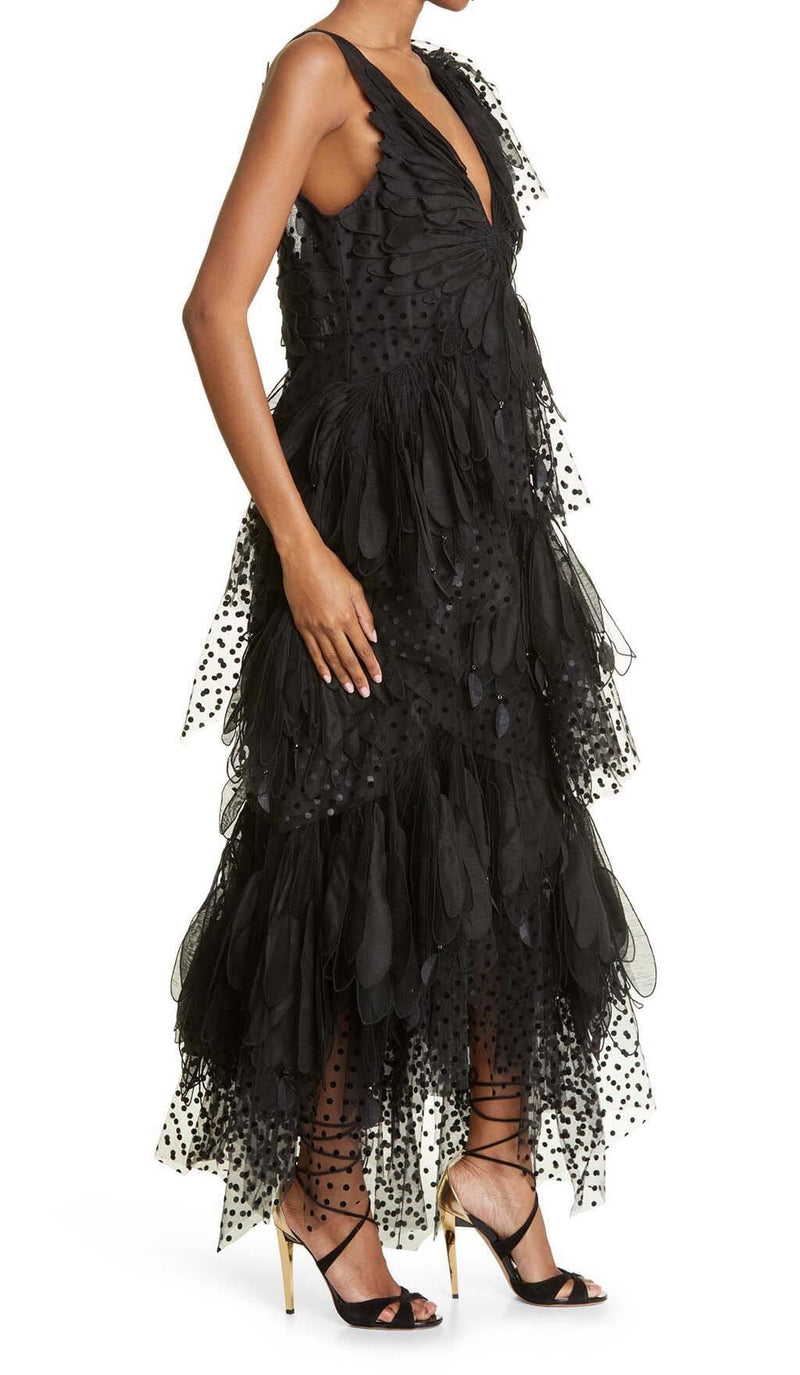 FEATHER V-NECK FLUTED MIDI DRESS IN BLACK
