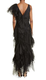 FEATHER V-NECK FLUTED MIDI DRESS IN BLACK