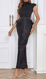RUCHED OFF SLEEVE MAXI DRESS IN BLACK