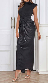 RUCHED OFF SLEEVE MAXI DRESS IN BLACK