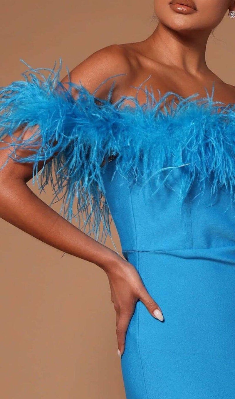 FEATHER TRIM OFF THE SHOULDER HIGH LOW DRESS IN BLUE