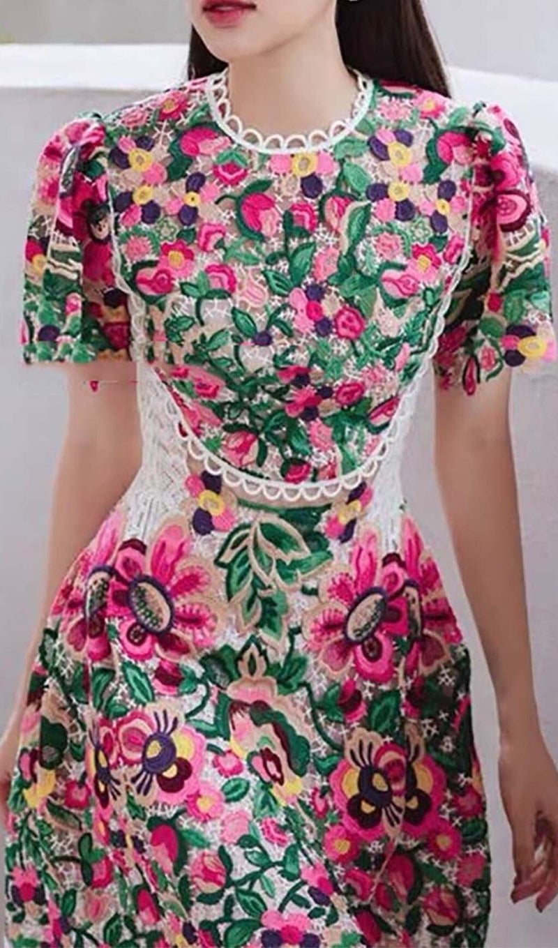 FLORAL-EMBROIDERED LACE MINI DRESS