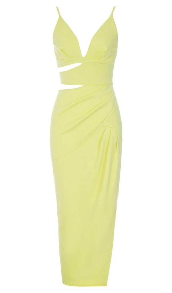 SATIN  CUT OUT V NECK MIDI DRESS IN YELLOW