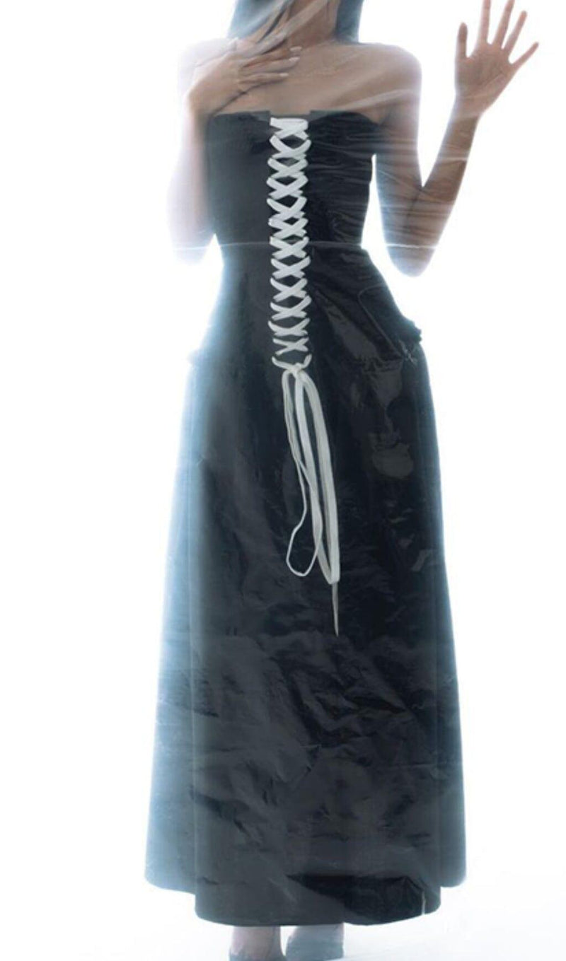 FRONT LACE UP STRAPLESS MAXI DRESS IN BLACK