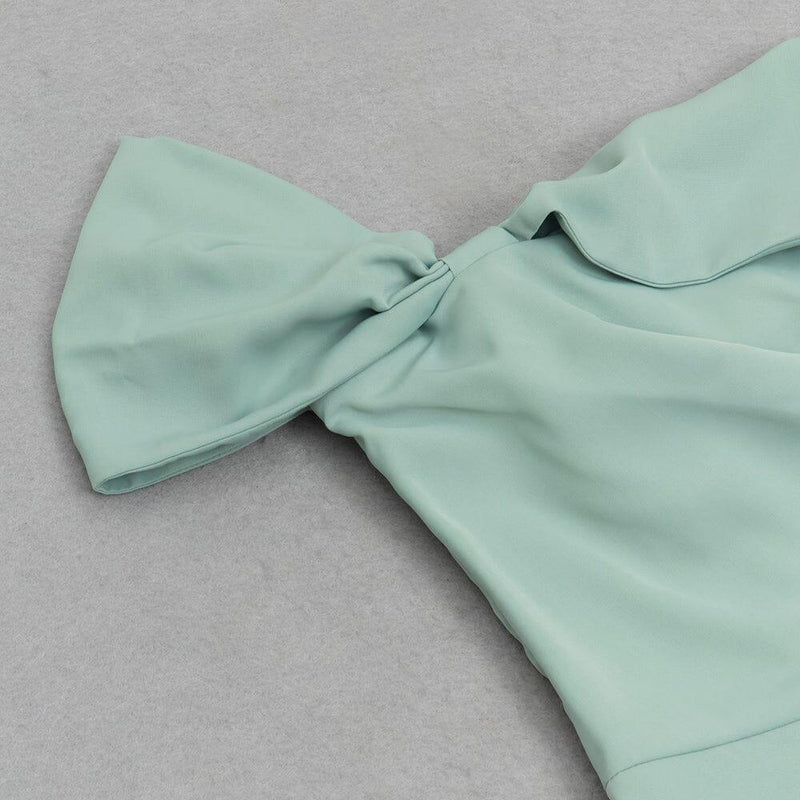 ONE SHOULDER RUCHED MIDI DRESS IN MINT