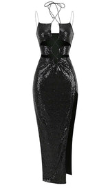 THIGH SLIT SEQUIN MAXI DRESS IN BLACK