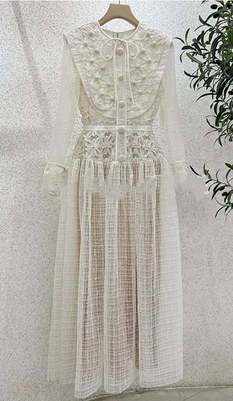 EMBROIDERY LACE LONG SLEEVE MIDI DRESS IN WHITE