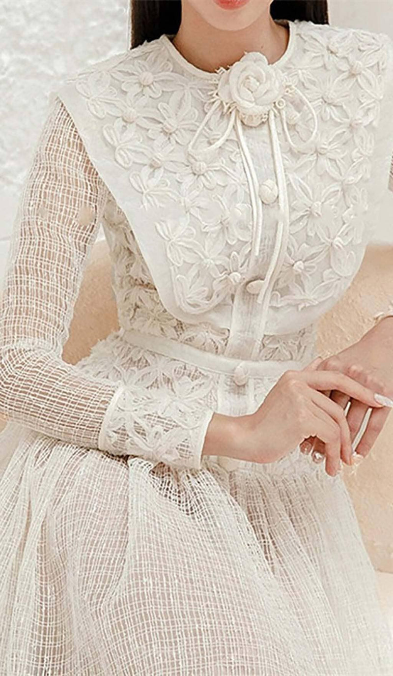 EMBROIDERY LACE LONG SLEEVE MIDI DRESS IN WHITE