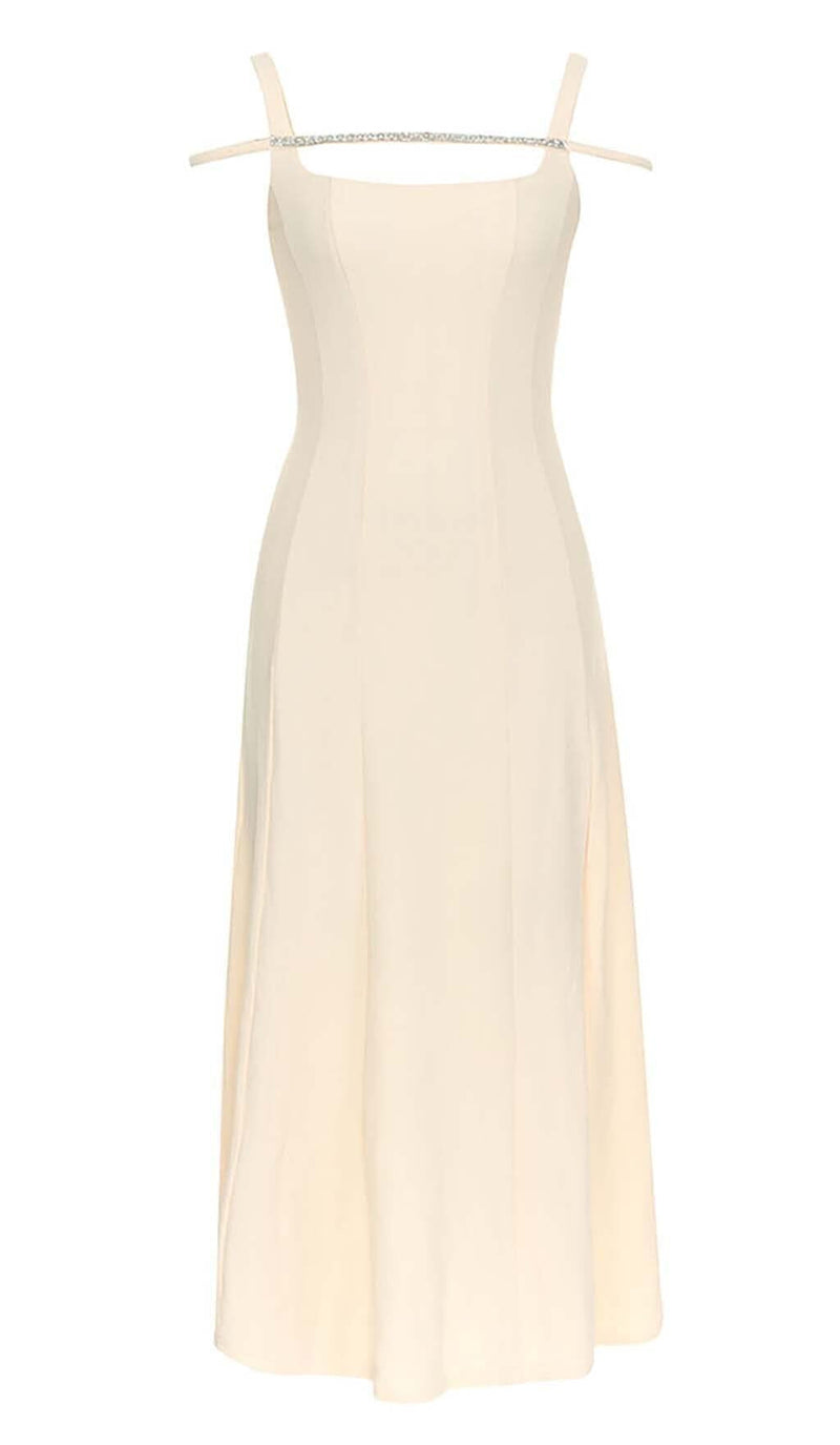STRUCTURED CORSET FLOUNCED MIDI DRESS IN IVORY