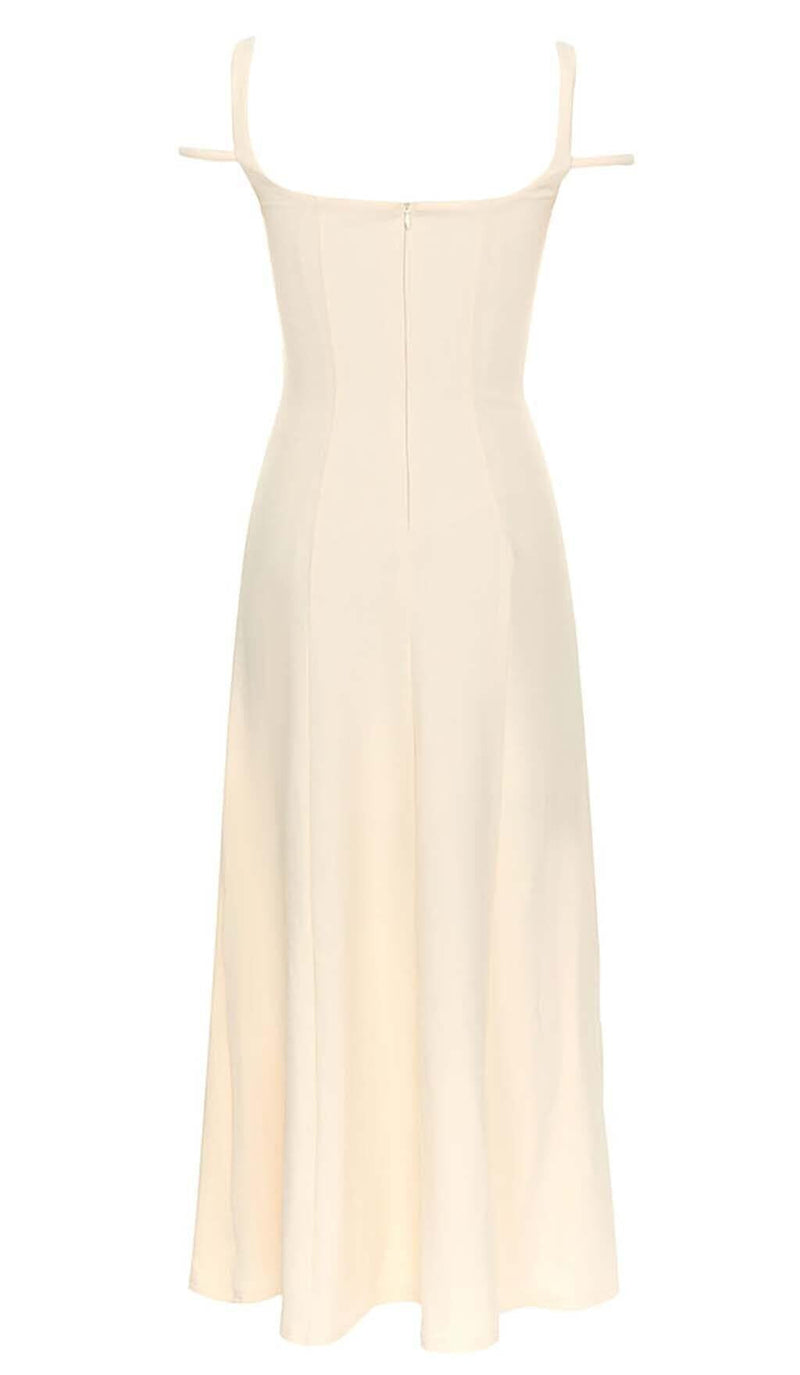 STRUCTURED CORSET FLOUNCED MIDI DRESS IN IVORY