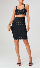 STUDDED STRAP SLEEVELESS TWO PIECE SET IN BLACK