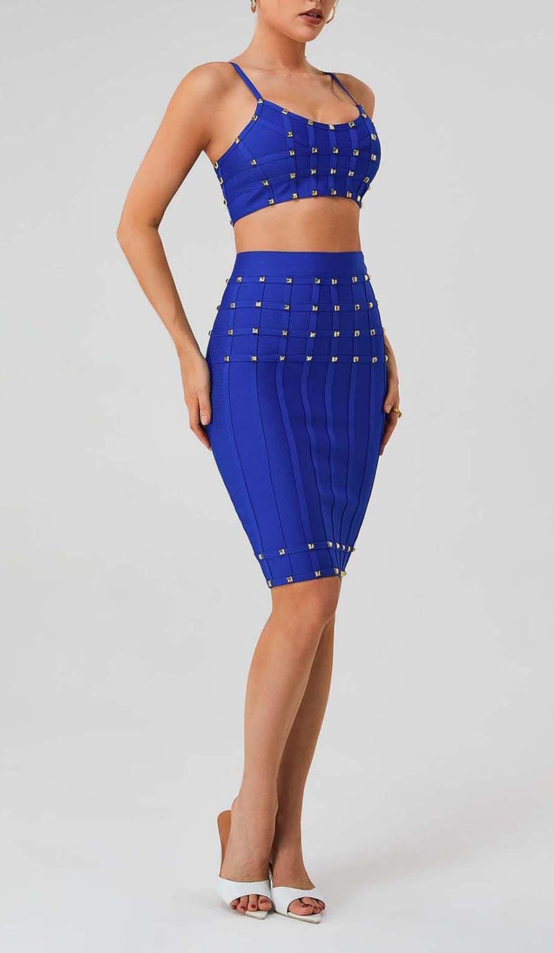 STUDDED STRAP SLEEVELESS TWO PIECE SET IN BLUE