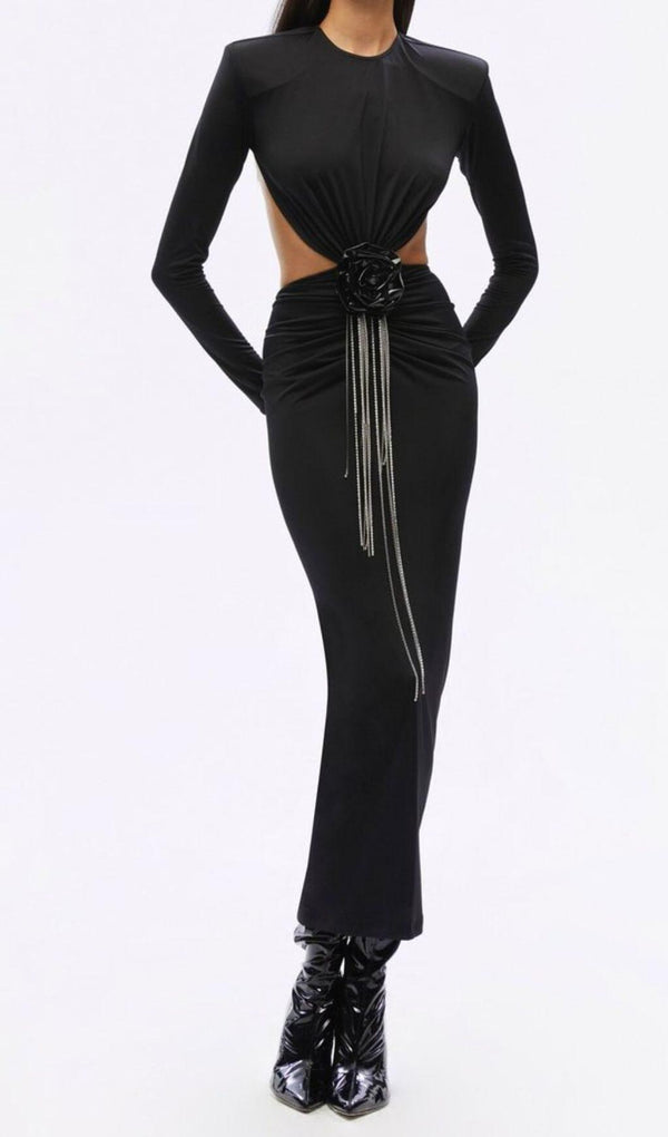 BACKLESS HIP WRAP MIXI DRESS IN BLACK