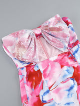 STRAPLESS LARGE BOW DECORATED PRINTED HIP MINI DRESS