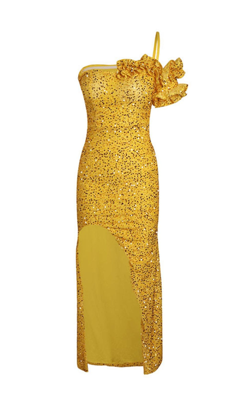 YELLOW ONE SHOULDER SEQUINED SLIT MAXI DRESS