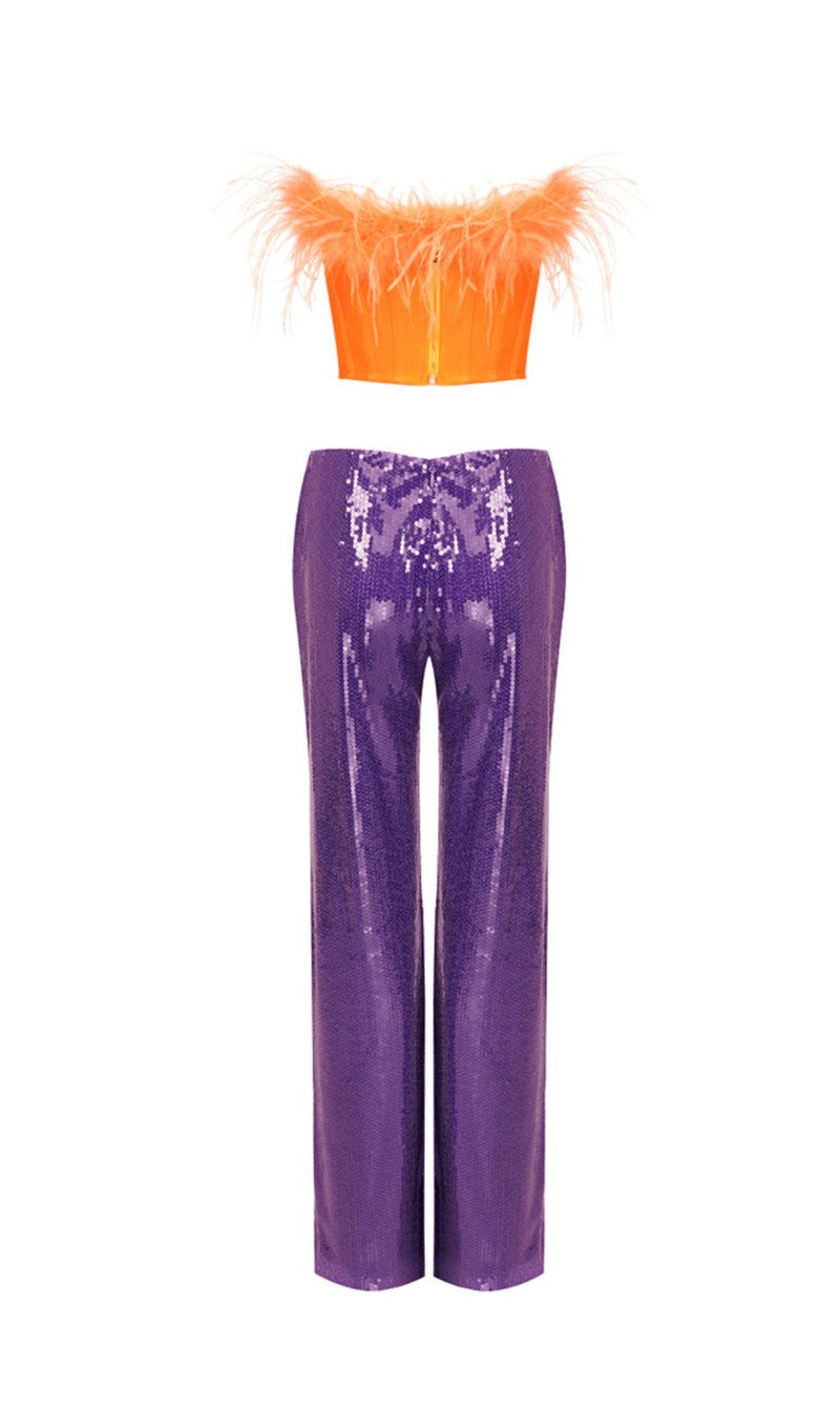 ORANGE FEATHER TUBE TOP & PURPLE SEQUINED TROUSERS TWO-PIECE SUIT
