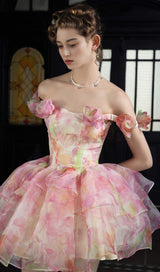 Pink Print Floral Silk Mini Strapless Mini Dress