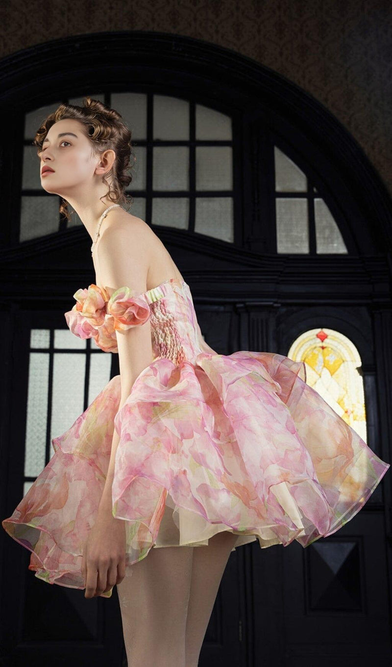 Pink Print Floral Silk Mini Strapless Mini Dress