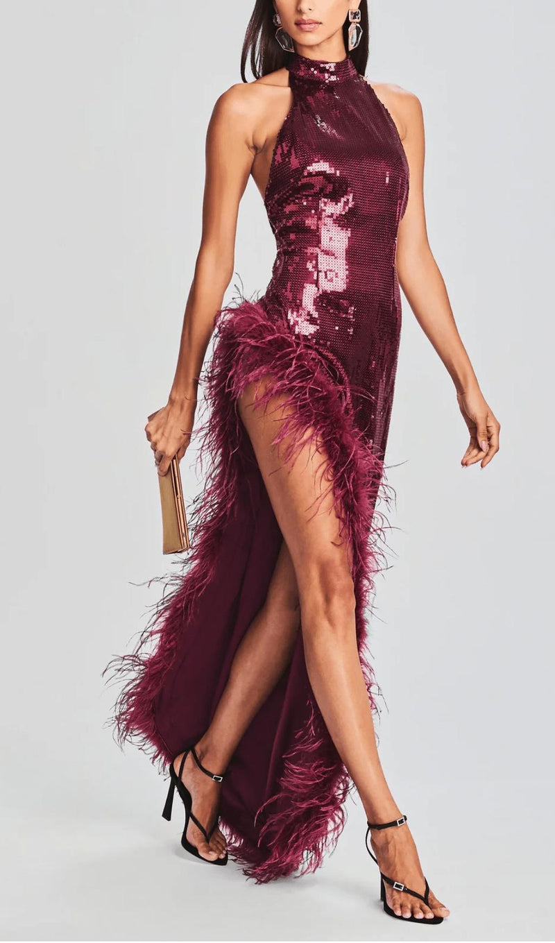 RED SLIT SEQUIN FEATHER MAXI DRESS