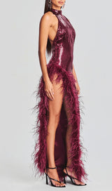 RED SLIT SEQUIN FEATHER MAXI DRESS