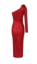 RED THREE-DIMENSIONAL ONE-SHOULDER FLORAL SEQUINED STRETCH DRESS