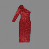 RED THREE-DIMENSIONAL ONE-SHOULDER FLORAL SEQUINED STRETCH DRESS