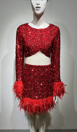 LONG SLEEVE PATCHWORK SEQUIN DRESS IN RED