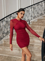 LONG SLEEVE RUCHED MESH DRESS IN WINE