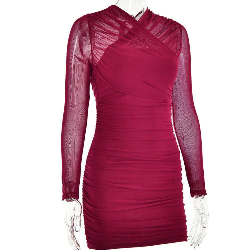 LONG SLEEVE RUCHED MESH DRESS IN WINE
