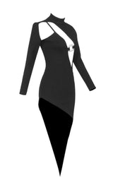 LONG SLEEVES SEXY HOLLOW OUT  IRREGULAR BLACK BANDAGE BODYCON DRESS