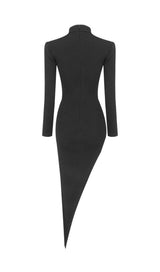 LONG SLEEVES SEXY HOLLOW OUT  IRREGULAR BLACK BANDAGE BODYCON DRESS