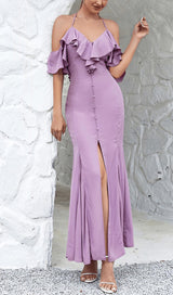 OFF-THE-SHOULDER PLEATED SLIT RUFFLED MAXI DRESS