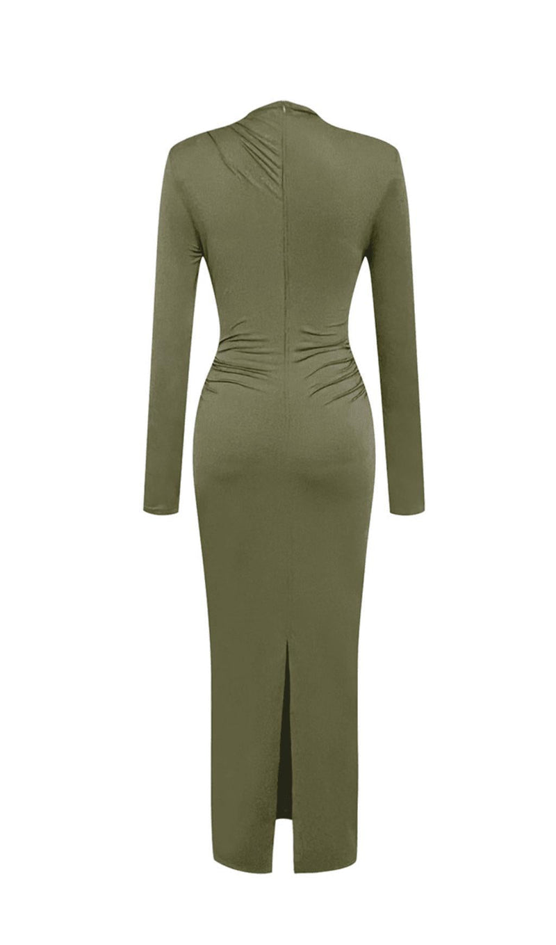 HALF TURTLENECK LONG SLEEVES HOLLOW TIGHT PLEATED LONG DRESS